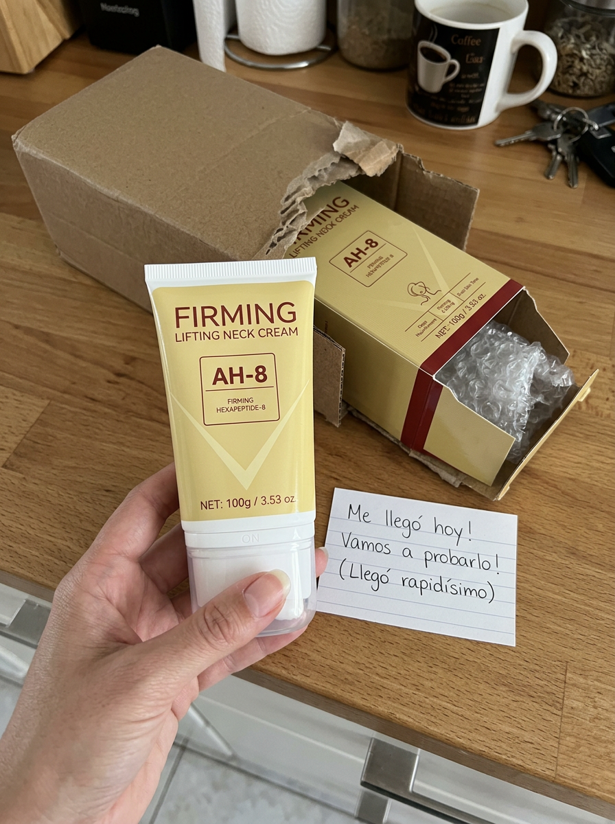 Caja de cartón abierta con el estuche de la crema protegido con plástico de burbujas y el envase de 100 g en la mano